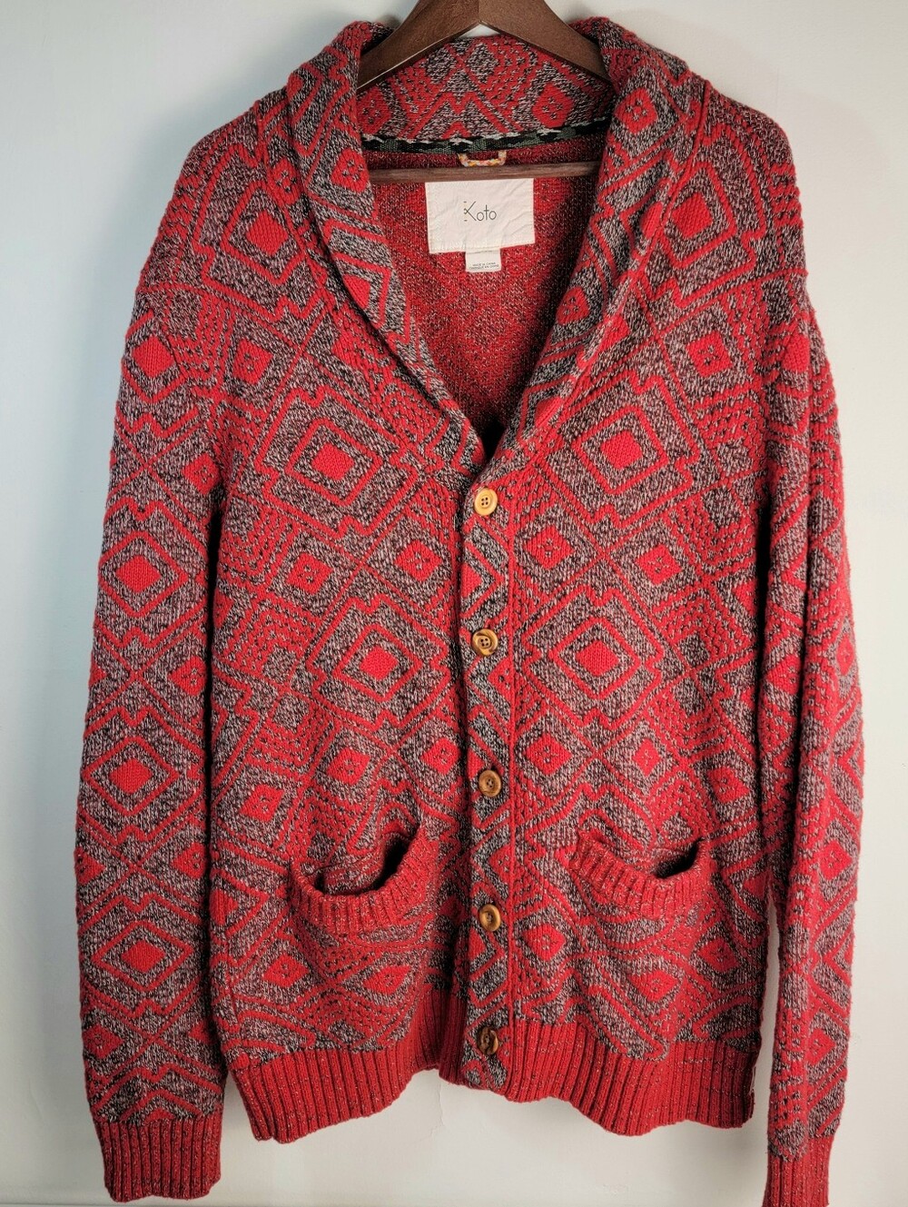 Koto Urban Outfitters Cardigan Sweater Chunky Textured Knit Men's XL Red, Tribal